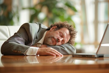Workplace fatigue: tired worker sleeping at desk with laptop or computer, office environment, heavy work graph, realities of full commitment, responsibility, strain of labour day exhaustion.