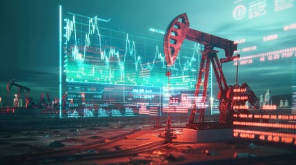 An oil pump in a field is shown in the foreground, with digital financial charts overlayed on the scene. The charts are in green and blue, and they show a fluctuating pattern.