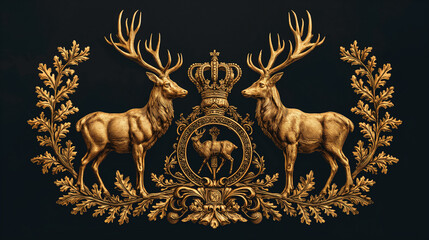 Luxury coat of arms art. Black background. Deers 