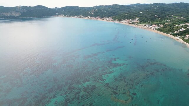 Sea coast bay, Agios Georgios Corfu Greece, drone aerial view