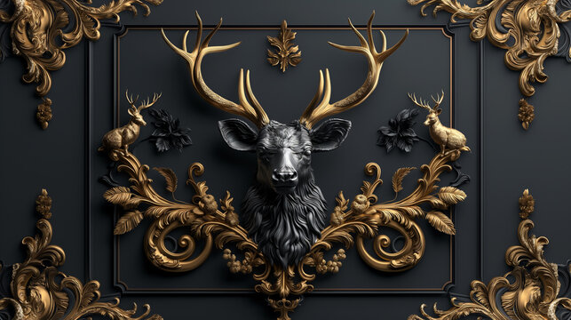 Luxury coat of arms art. Black background. Deers 
