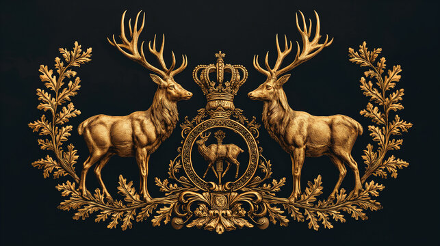 Luxury coat of arms art. Black background. Deers 