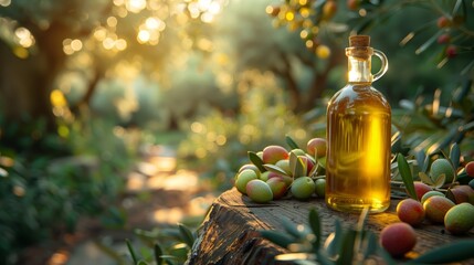 Golden olive oil with cork stoppers on a wooden surface among fresh olives and green leaves.