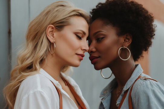 Tender and Affectionate Moment Between a Blonde Woman and a Woman of Color Sharing an Intimate Embrace
