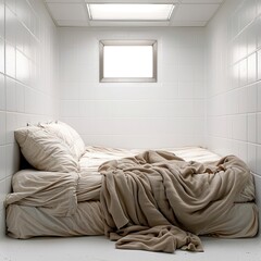 Bare and Bleak Abandoned Prison Cell with Unmade Bed
