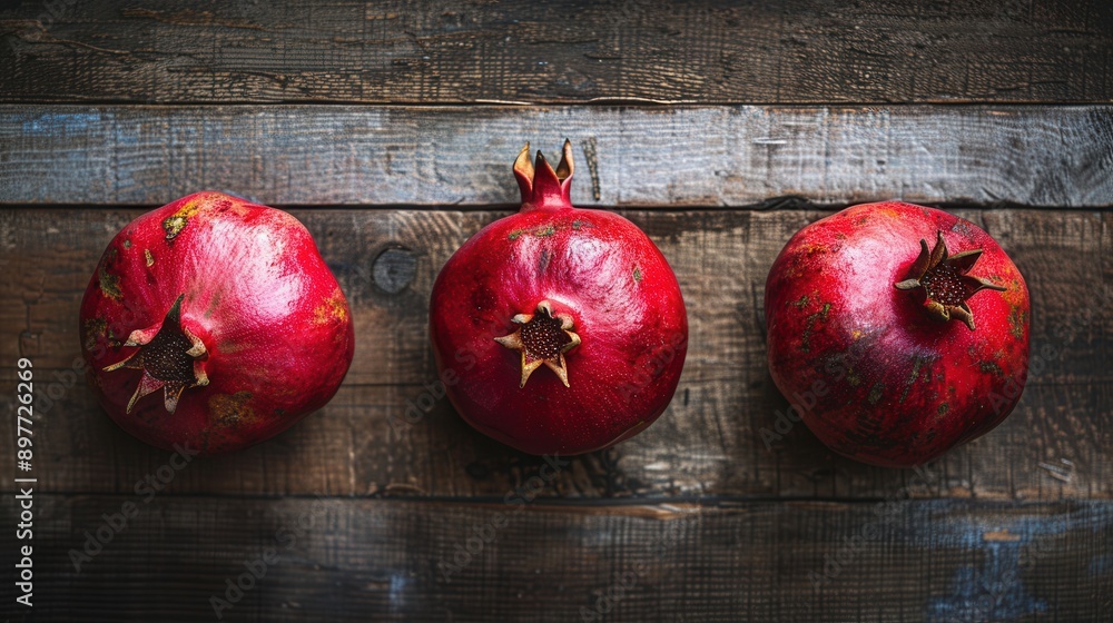 Poster three ripe pomegranates, arranged in a row, lay on a rustic wood background. their ruby red skin and