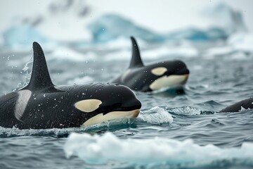 Fototapeta premium Two orcas swimming in icy ocean waters, with snow-covered icebergs in the background, showcasing the wild beauty of marine life.