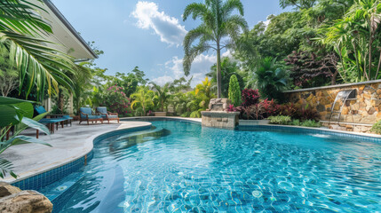 Pool maintenance, swimming pool cleaner, man in blue shirt with cleaning equipment, hotel service