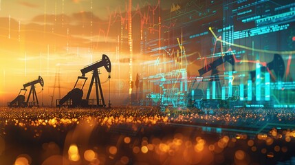 Silhouetted oil pumps in a field at sunset with an overlay of financial charts displaying a digital screen.