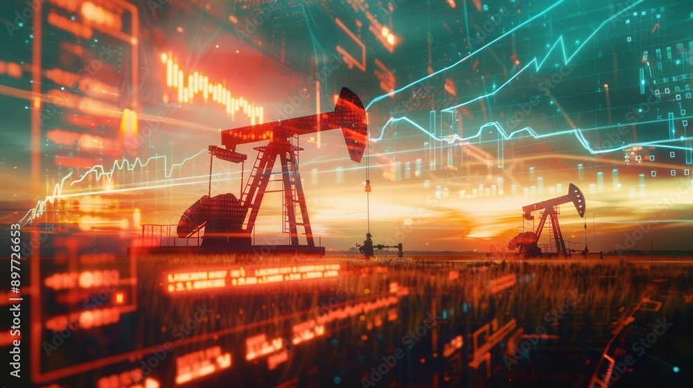 Aufkleber silhouettes of oil pumps are juxtaposed with financial charts and data, creating a visual representa