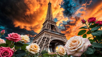 Iconic Eiffel Tower with Blooming Roses at Sunset-2