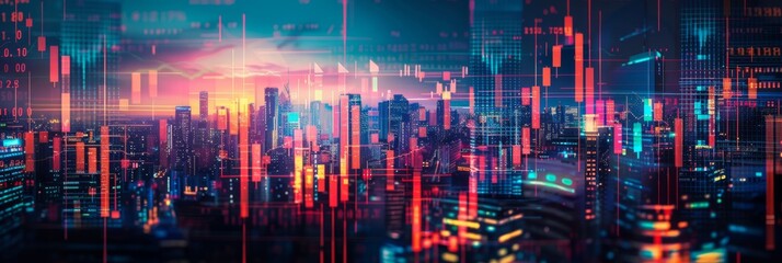 Fototapeta premium A dynamic cyberpunk metropolis characterized by neon lights, colorful skyline, and vivid sky filled with data streams