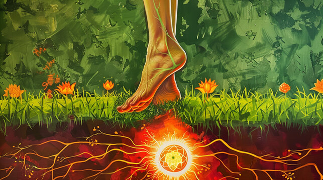 grounding rooting earthing - walking barefoot on earth to connect to nature an root chakra muladhara illustration