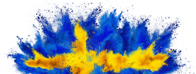 colorful flag of  sweden with blue yellow color holi paint powder explosion isolated on white background. swedish scandinavia  european celebration soccer travel and tourism concept.