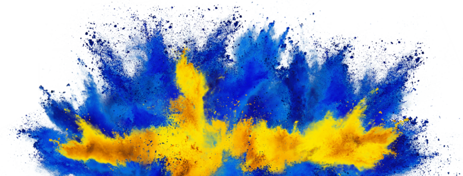 colorful flag of  sweden with blue yellow color holi paint powder explosion isolated on white background. swedish scandinavia  european celebration soccer travel and tourism concept.