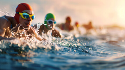 a triathlon swim start captured in an open water setting. Athletes are diving into the water from a starting platform, with their wetsuits and swim caps in various bright colors. T
