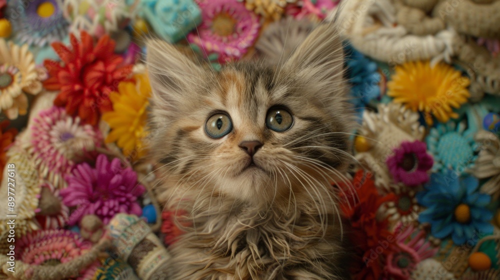 Poster fluffy kitten with mesmerizing blue eyes gazes upwards, surrounded by a vibrant array of colorful fa