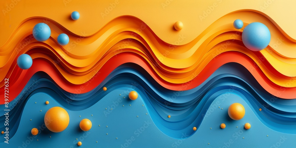 Poster artwork with 3d abstract waves and spheres in orange, blue, and red hues, creating a dynamic composi
