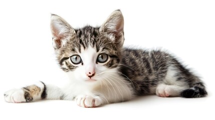 Obraz premium Playful white and tabby kitten with bright eyes on white background, perfect for animal lovers and pet care concepts