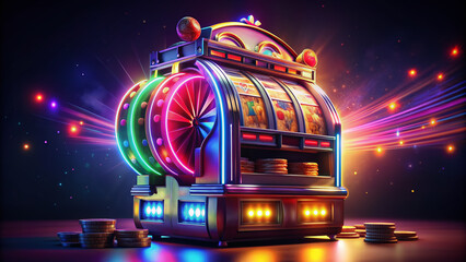 Vibrant, colorful 3D illustration of a classic casino slot machine with flashing lights, spinning reels, and shiny jackpot wheels on a dark background.