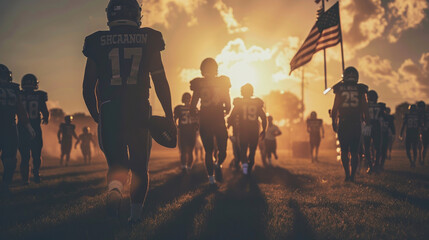 Silhouettes of American football players walking onto the field with an American flag