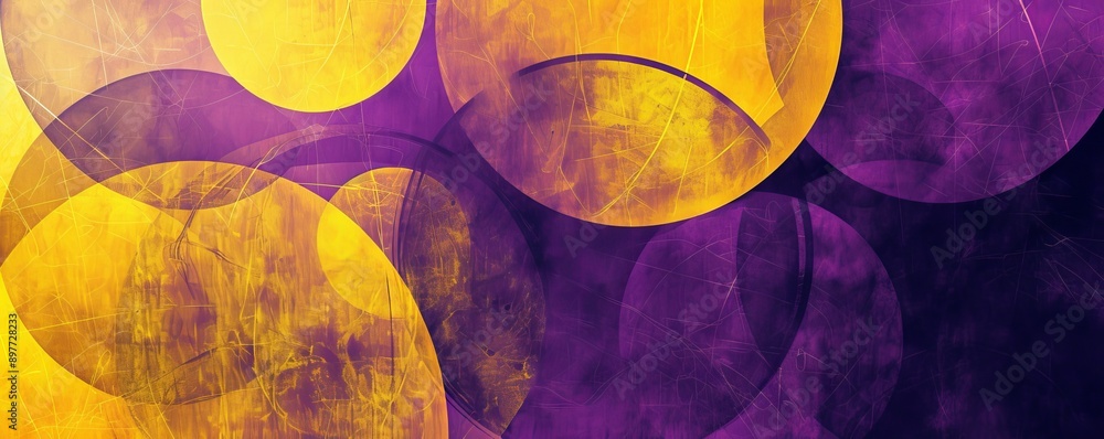Poster Abstract image with overlapping yellow and purple circles on textured background