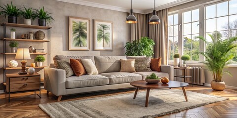 Cozy Living Room with Gray Sofa and Plants, 3D Rendering, Interior Design, Modern Home, Sofa, Plant, Light