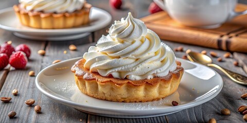 Creamy Tartlet with Whipped Topping on White Plate, Dessert, Pastry, Sweet, Bakery