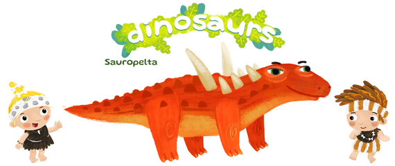 caveman human cartoon happy and funny colorful prehistoric dinosaur dino sauropelta isolated illustration with child pointing on animal