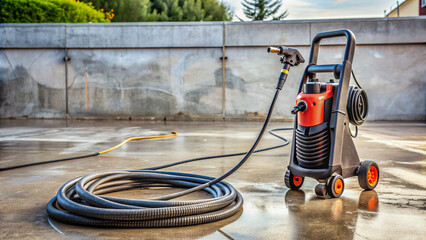 Powerful high-pressure washer with a long, coiled hose attached, lying on a clean concrete surface, ready for outdoor cleaning tasks and water blasting activities.
