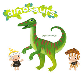 caveman human cartoon happy and funny colorful prehistoric dinosaur dino gallimimus isolated illustration with child pointing on animal