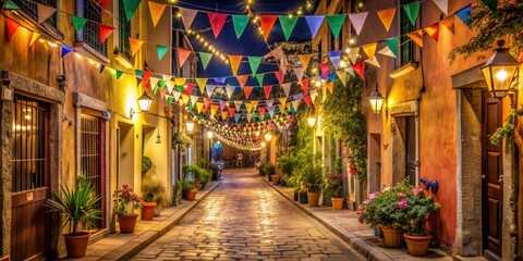 Naklejka premium Festive Street at Night with Colorful Flags, Cobblestone Path, and String Lights, Night Photography, Cityscape, Europe, Travel