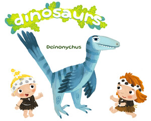 caveman human cartoon happy and funny colorful prehistoric dinosaur dino deinonychus isolated illustration with child pointing on animal