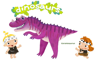 caveman human cartoon happy and funny colorful prehistoric dinosaur dino ceratosaurus isolated illustration with child pointing on animal