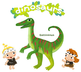 caveman human cartoon happy and funny colorful prehistoric dinosaur dino gallimimus isolated illustration with child pointing on animal