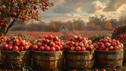 a serene autumnal scene with an abundance of ripe red apples gathered in wooden barrels. The setting sun casts a warm glow over the apple orchard, highlighting the rich colors of the fall foliage