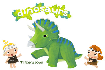 caveman human cartoon happy and funny colorful prehistoric dinosaur dino triceratops isolated illustration with child pointing on animal