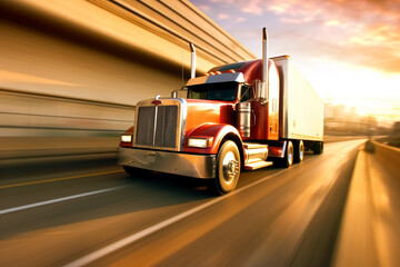 American truck speeding on freeway. Blurred motion