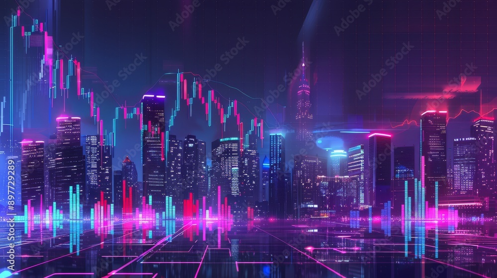Poster visualize a modern, techsavvy neon cityscape with realtime stock market data and dynamic graph analy