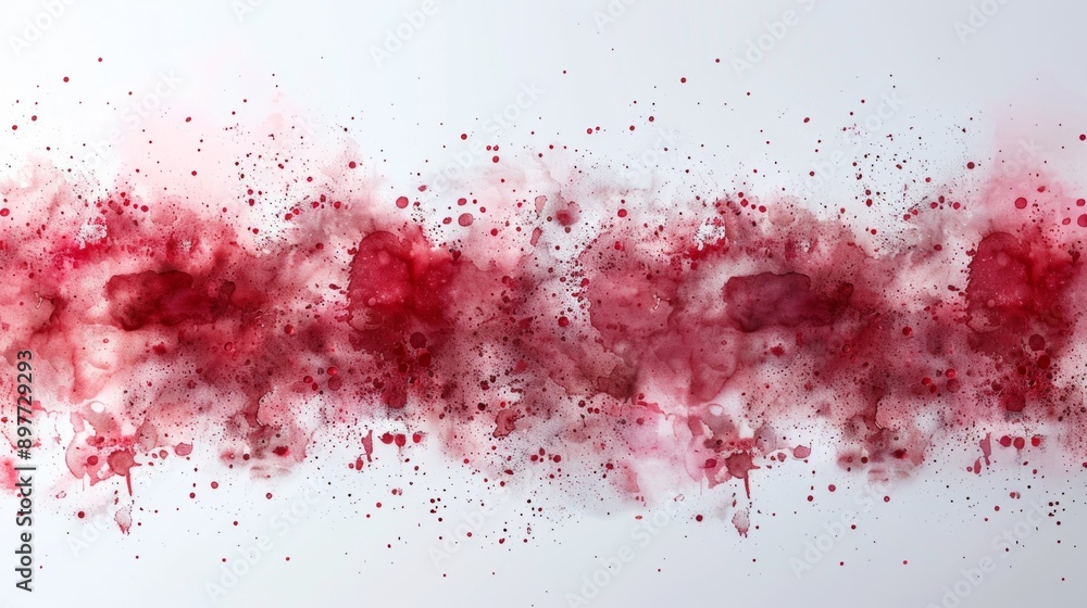 Poster red blood droplets scattered across a white surface, creating a dynamic, abstract pattern.
