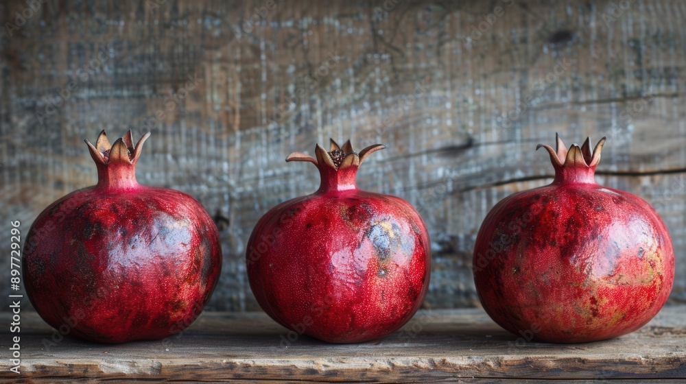 Poster three ripe pomegranates with visible seeds sit on a rustic wooden surface.
