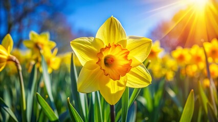Obraz premium Golden Daffodil in Sunlight, Close-up, Spring Flowers, Nature, Bloom, Sunshine, daffodil