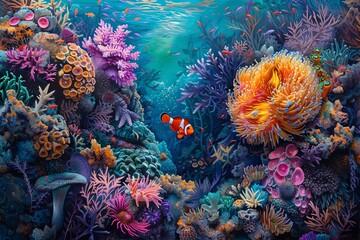 Obraz premium Vibrant underwater coral reef scene with colorful corals and a clownfish swimming in clear turquoise water, showcasing marine life beauty.