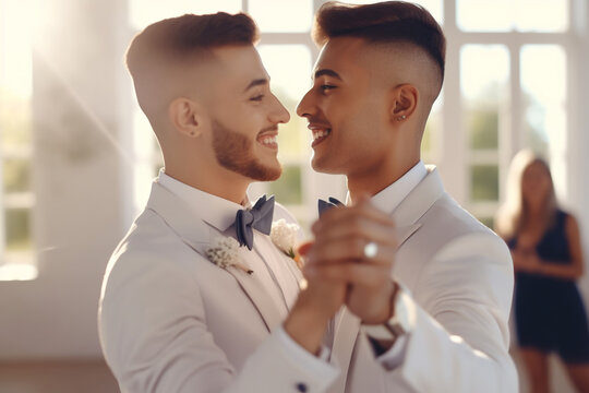 Smiling gay couple dancing on their wedding day