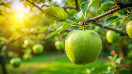 Green Apple Hanging From Branch in Orchard, Close Up, Sunlit Foliage, Nature, apple orchard, fruit tree, green apple
