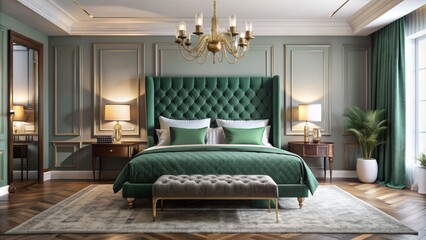 Green Velvet Bed with Gold Trim and Chandelier in Luxury Bedroom, Interior Design, Luxury Bedroom, Interior Decor, Home Decor