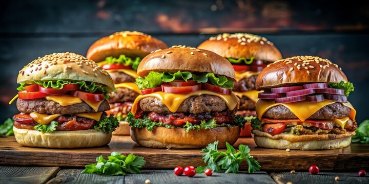 Gourmet Cheeseburger Quartet Close-up of four juicy burgers on a rustic wooden board, burger , food , fast food , tasty