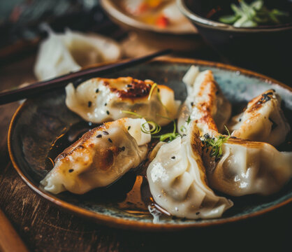 Plate of fried Chinese dumplings