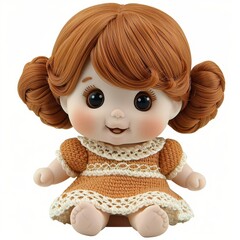 Adorable Doll with Brown Hair and Big Eyes Wearing a Beige Dress