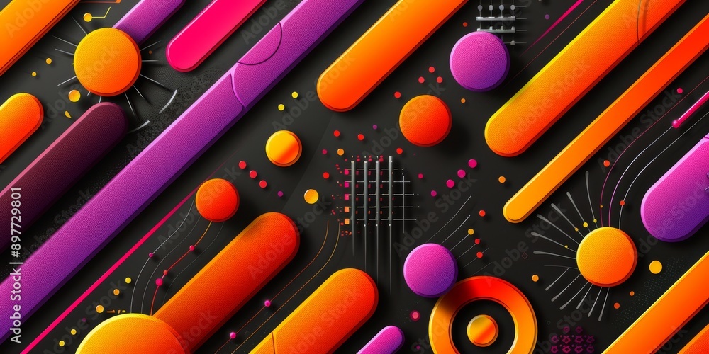 Poster colorful abstract pattern with vibrant circles and lines on dark background, mixing bold and bright 